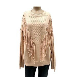 Women's Boho Western Fringe Oversized Knit Sweater Beige Pullover XXL NWT